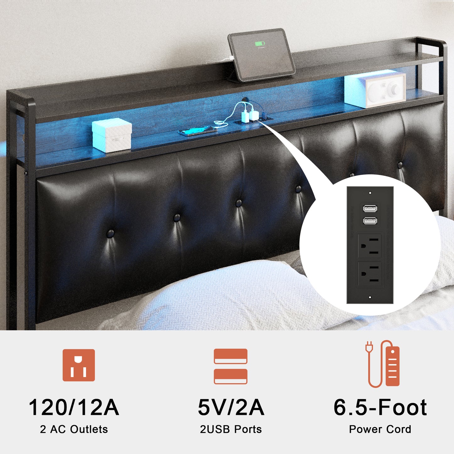 HAUSOURCE Queen Size Bed Frame with PU Leather Button Headboard Heavy-Duty Bed Frame with LED Lights Charging Station No Box Spring Needed Black