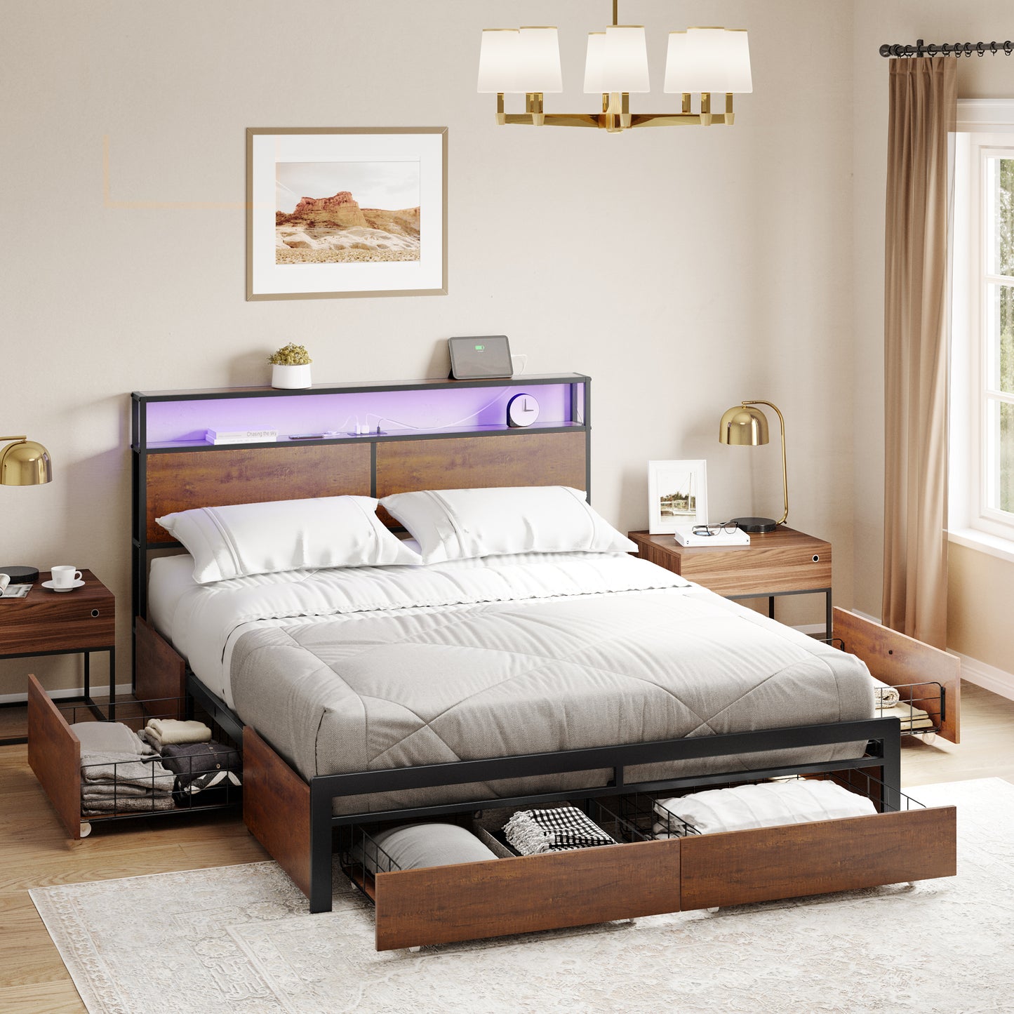 HAUSOURCE Full Size Bed Frame with Headboard and 4 Storage Drawers LED Platform Bed Frame with Charging Station Rustic Brown