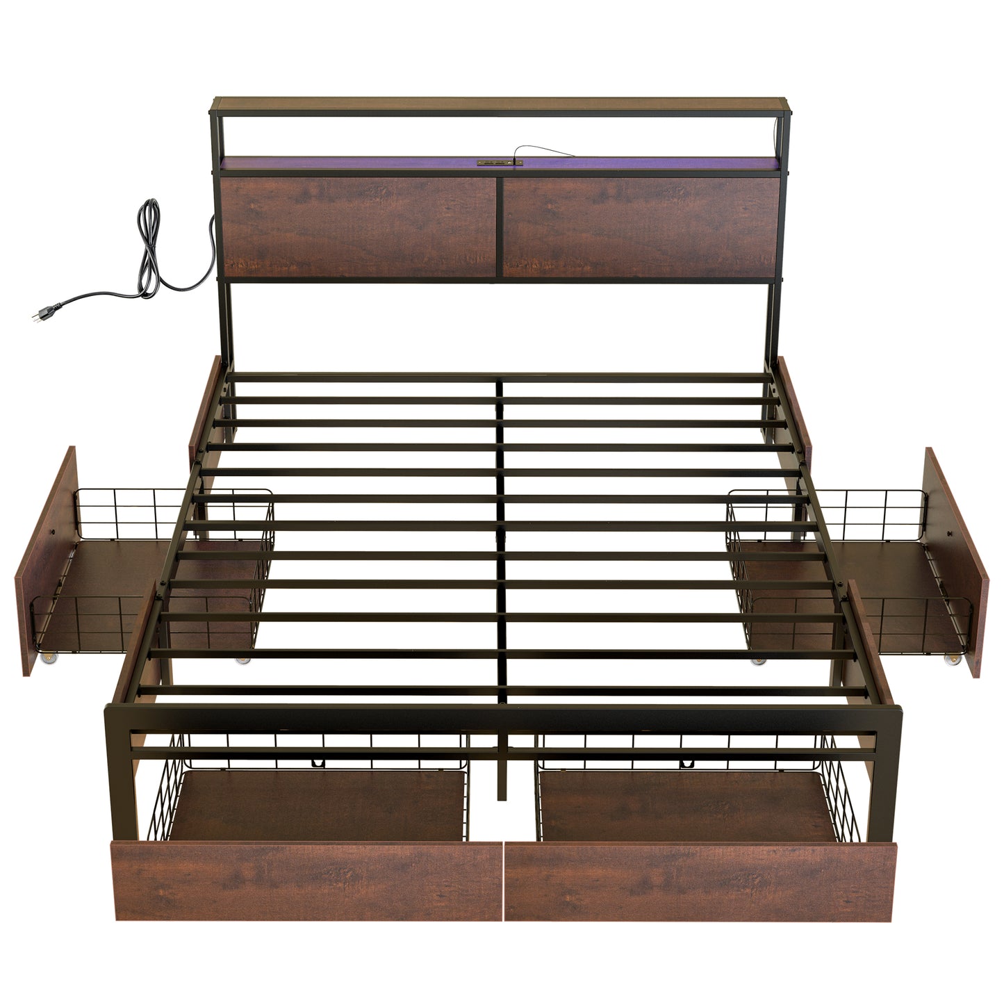 HAUSOURCE Full Size Bed Frame with Headboard and 4 Storage Drawers LED Platform Bed Frame with Charging Station Rustic Brown