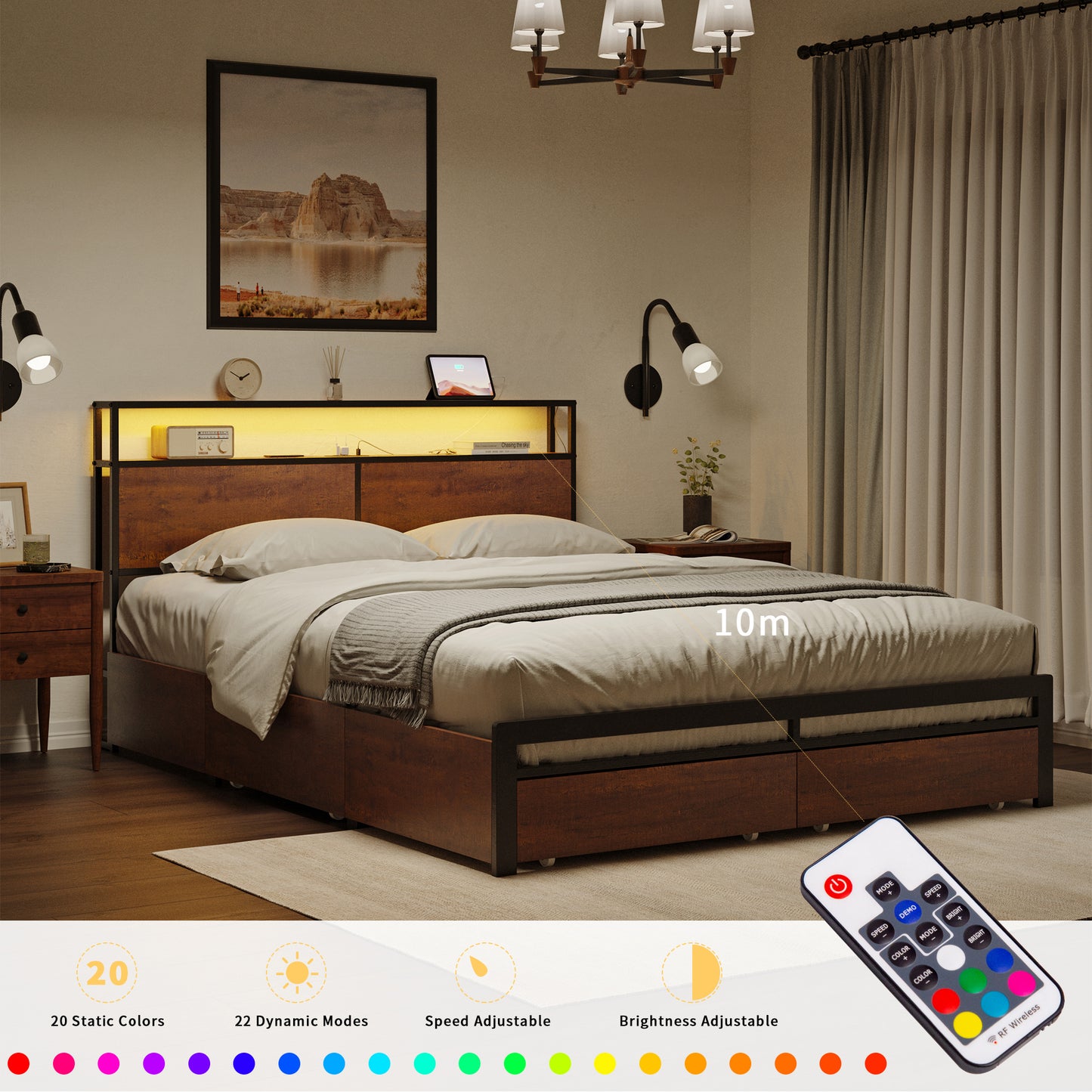 HAUSOURCE Full Size Bed Frame with Headboard and 4 Storage Drawers LED Platform Bed Frame with Charging Station Rustic Brown
