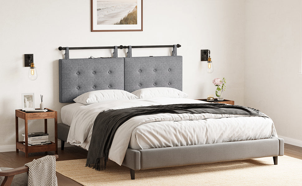 HAUSOURCE Wall Mount Headboard with USB Port for Queen Size Bed Only, Headboards with Adjustable Fabric Straps, Hanging Linen Fabric Padded Headboard for Bedroom