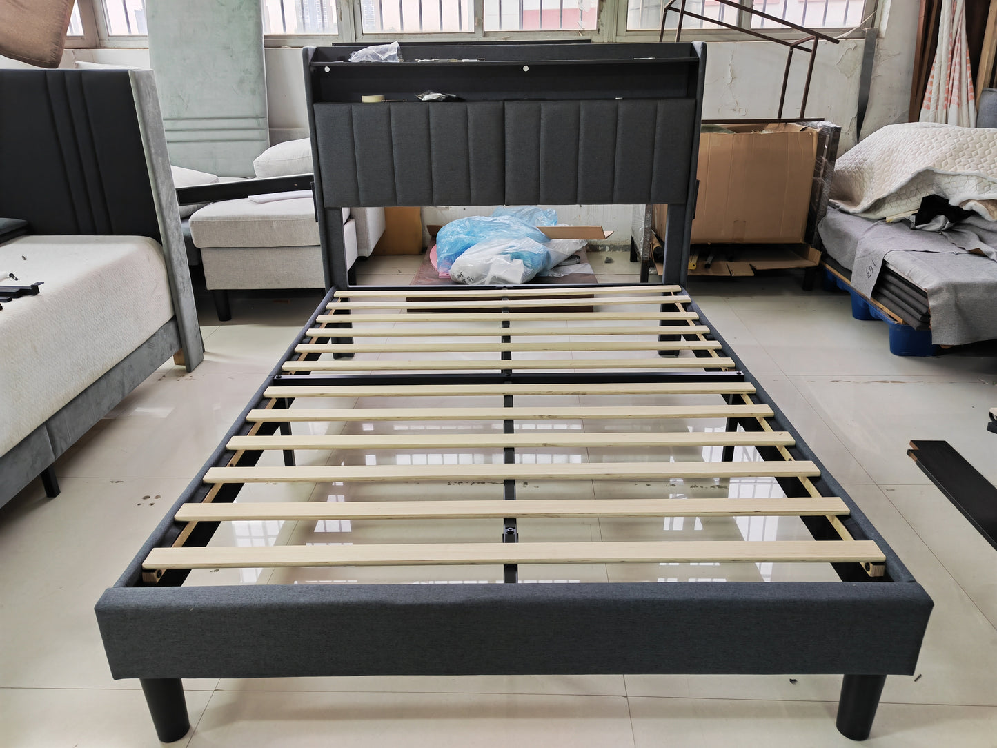 HAUSOURCE Full Size Bed Frame with 2-Tier Storage Headboard Upholstered Platform Bed Frame with LED Lights and Charging Stations