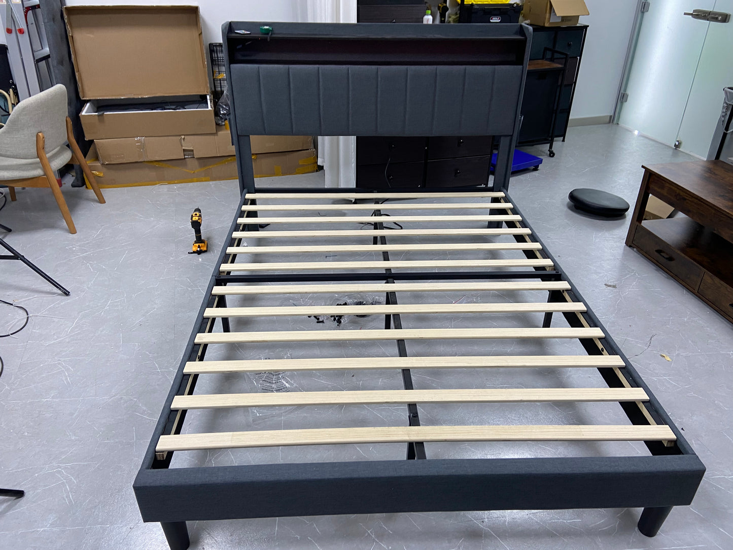 HAUSOURCE Queen Bed Frame with 2-Tier Storage Headboard Platform Bed Frame with LED Lights and Charging Stations