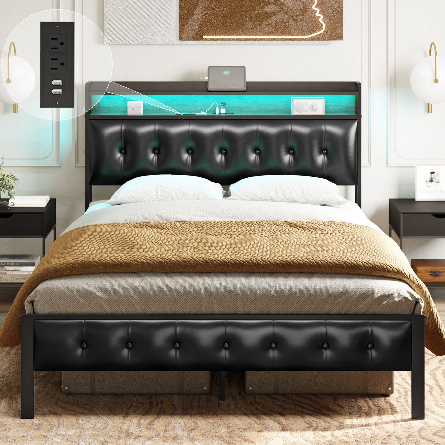 HAUSOURCE Full Size Bed Frame with PU Leather Button Headboard Heavy-Duty Bed Frame with LED Lights Charging Station No Box Spring Needed Black