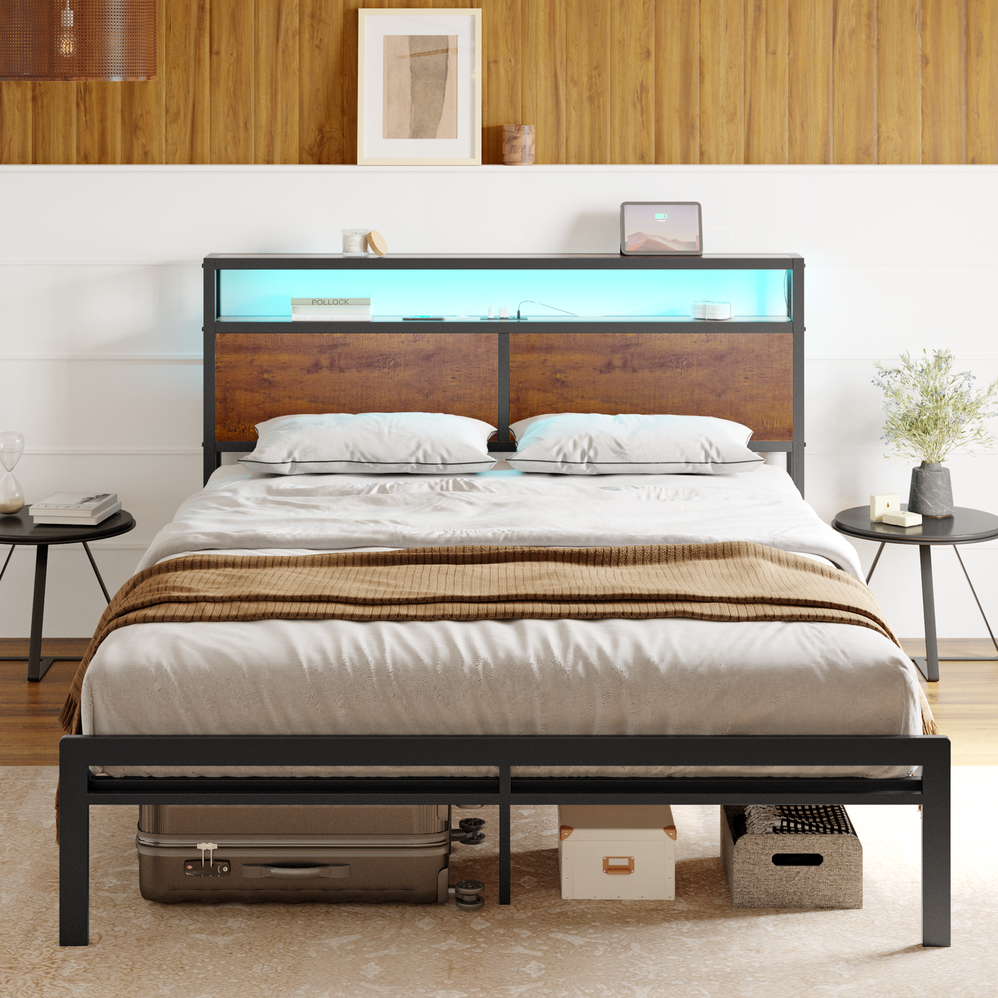 HAUSOURCE Queen Size Bed Frame with Wooden Headboard Metal Platform Bed Frame with LED Lights Charging Station Rustic Brown