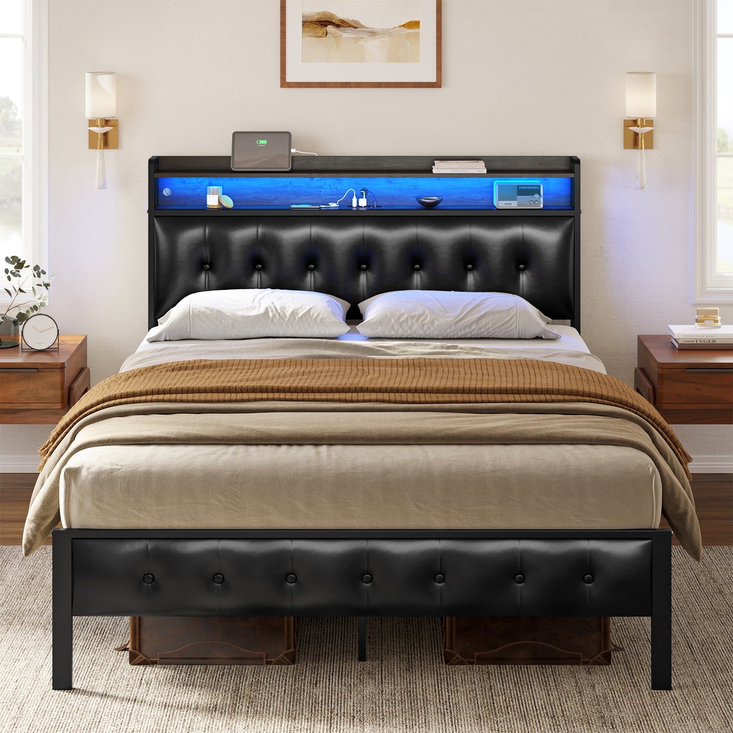 HAUSOURCE Full Bed Frame with Storage Headboard & Footboard Upholstered Platform Bed with LED Lights USB Ports & Outlets Non-Slip Without Noise Strong Metal Slats Support No Box Spring Needed HB042