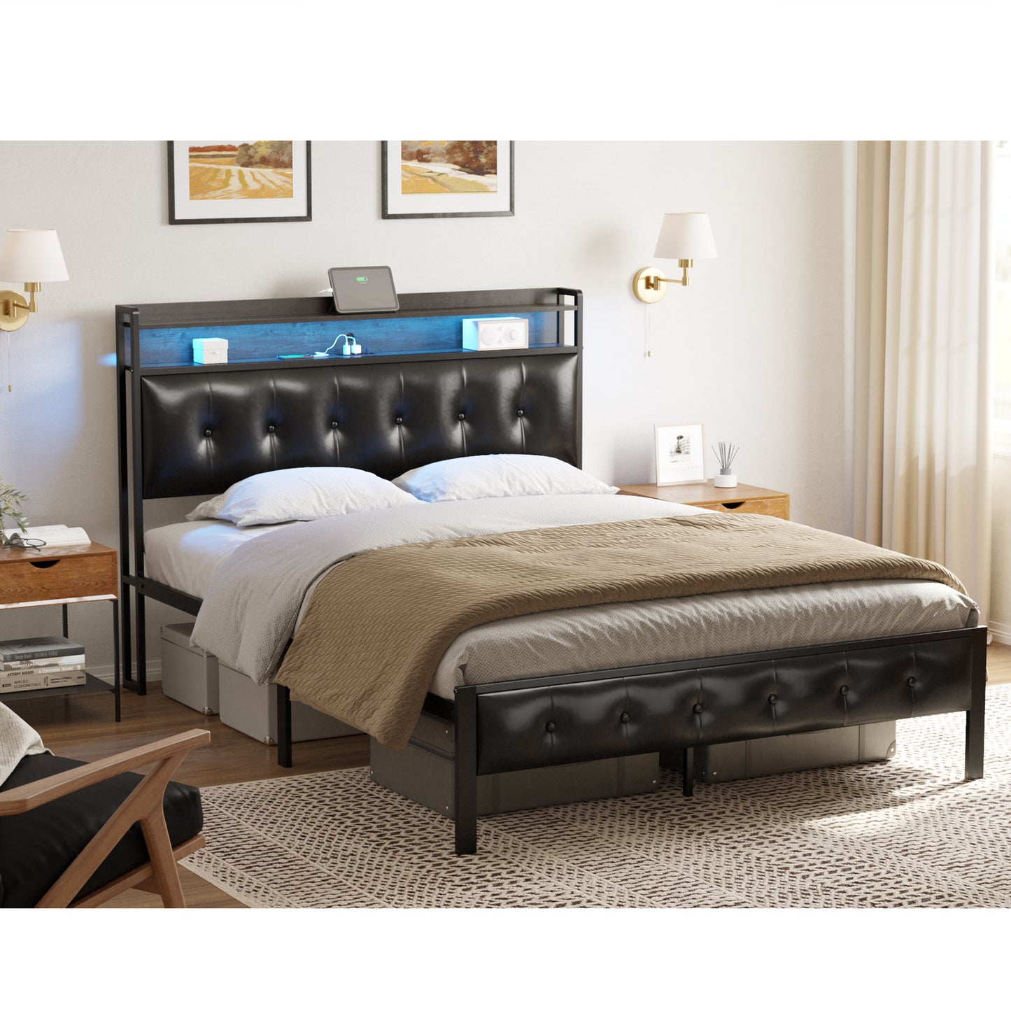 HAUSOURCE Queen Size Bed Frame with PU Leather Button Headboard Heavy-Duty Bed Frame with LED Lights Charging Station No Box Spring Needed Black