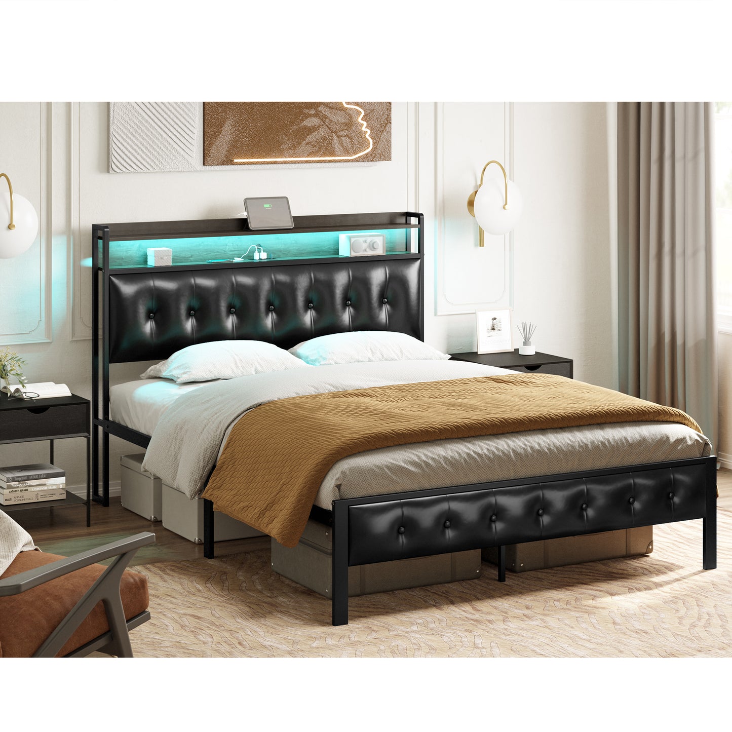 HAUSOURCE Full Size Bed Frame with PU Leather Button Headboard Heavy-Duty Bed Frame with LED Lights Charging Station No Box Spring Needed Black