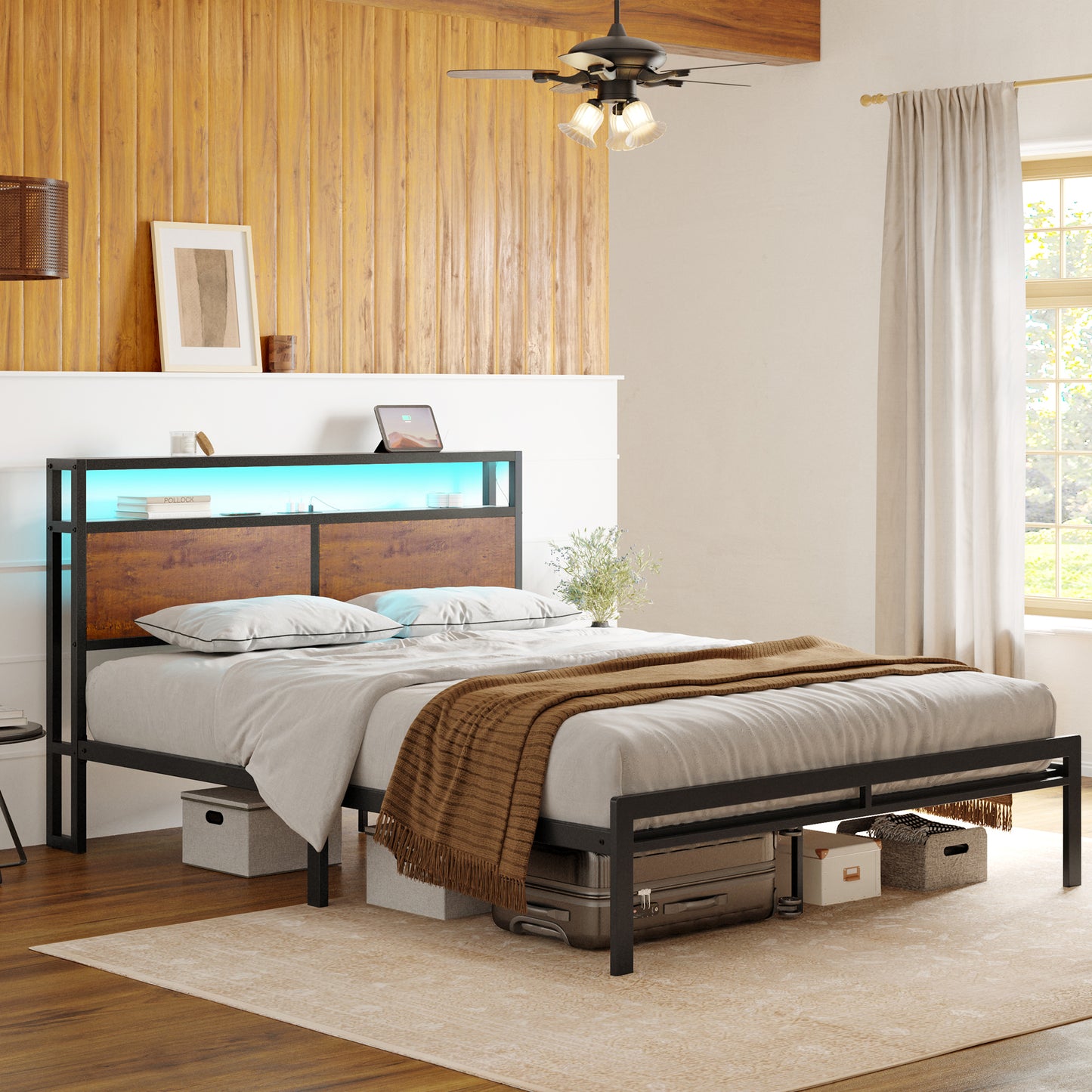 HAUSOURCE Full Size Bed Frame with Wooden Headboard Metal Platform Bed Frame with LED Lights Charging Station Rustic Brown