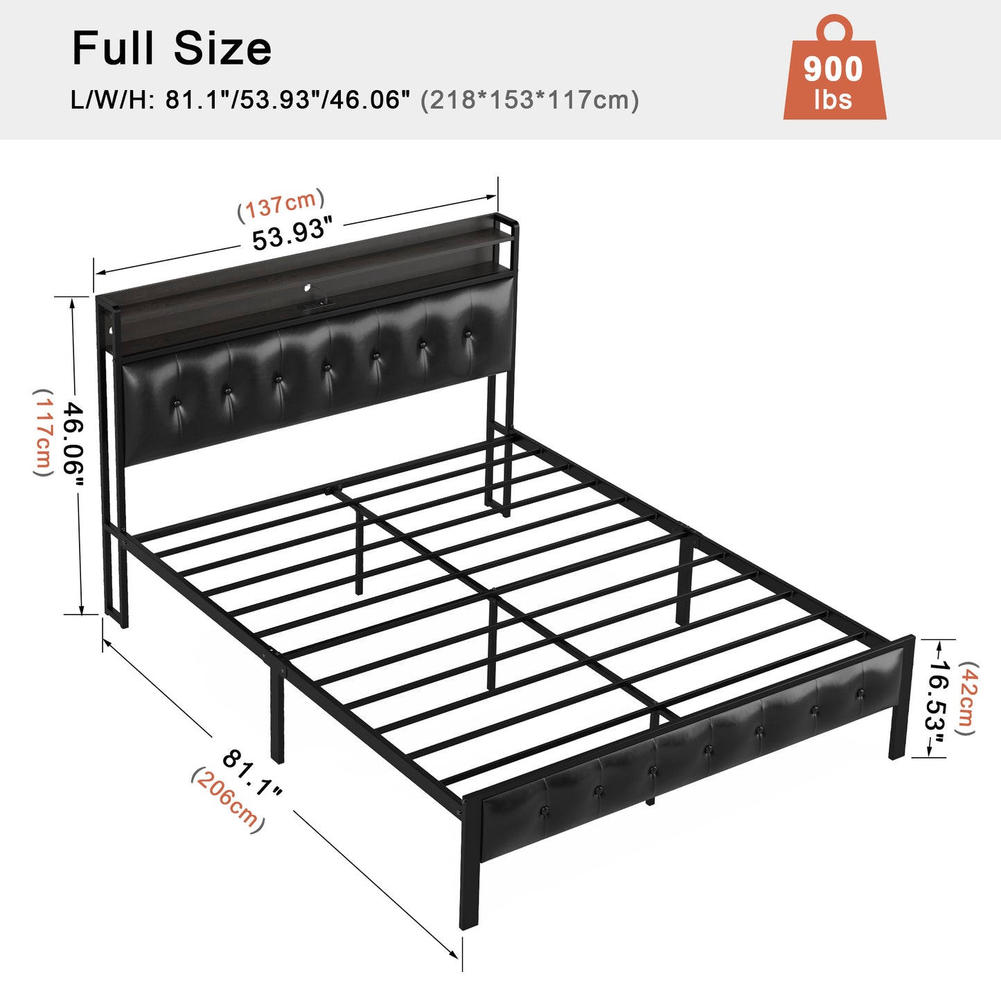 HAUSOURCE Full Size Bed Frame with PU Leather Button Headboard Heavy-Duty Bed Frame with LED Lights Charging Station No Box Spring Needed Black