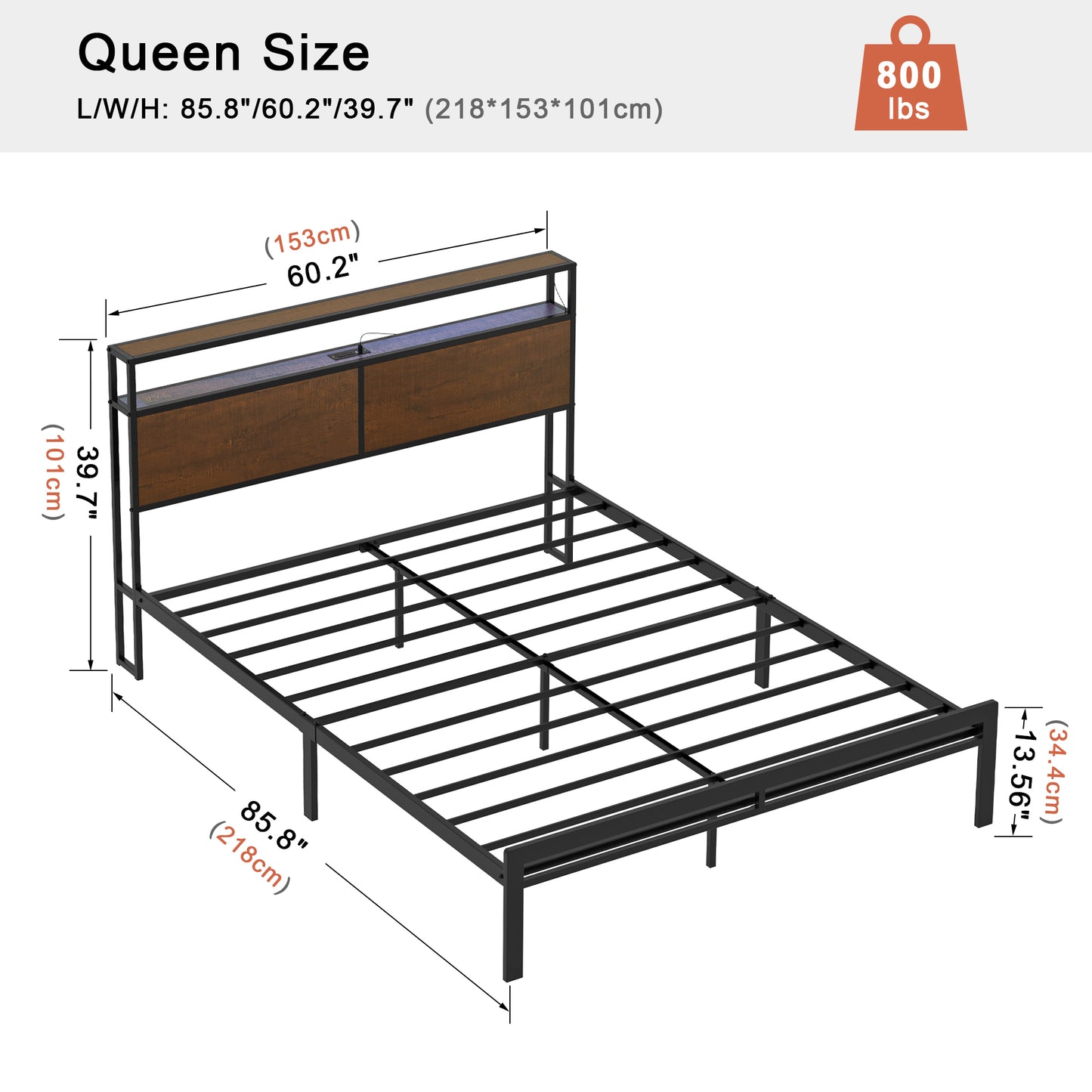 HAUSOURCE Queen Size Bed Frame with Wooden Headboard Metal Platform Bed Frame with LED Lights Charging Station Rustic Brown