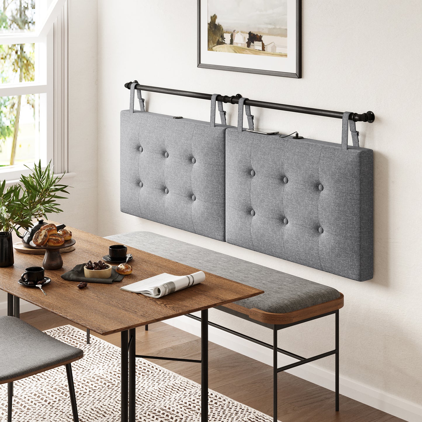 HAUSOURCE Wall Mount Headboard with USB Port for Queen Size Bed Only, Headboards with Adjustable Fabric Straps, Hanging Linen Fabric Padded Headboard for Bedroom