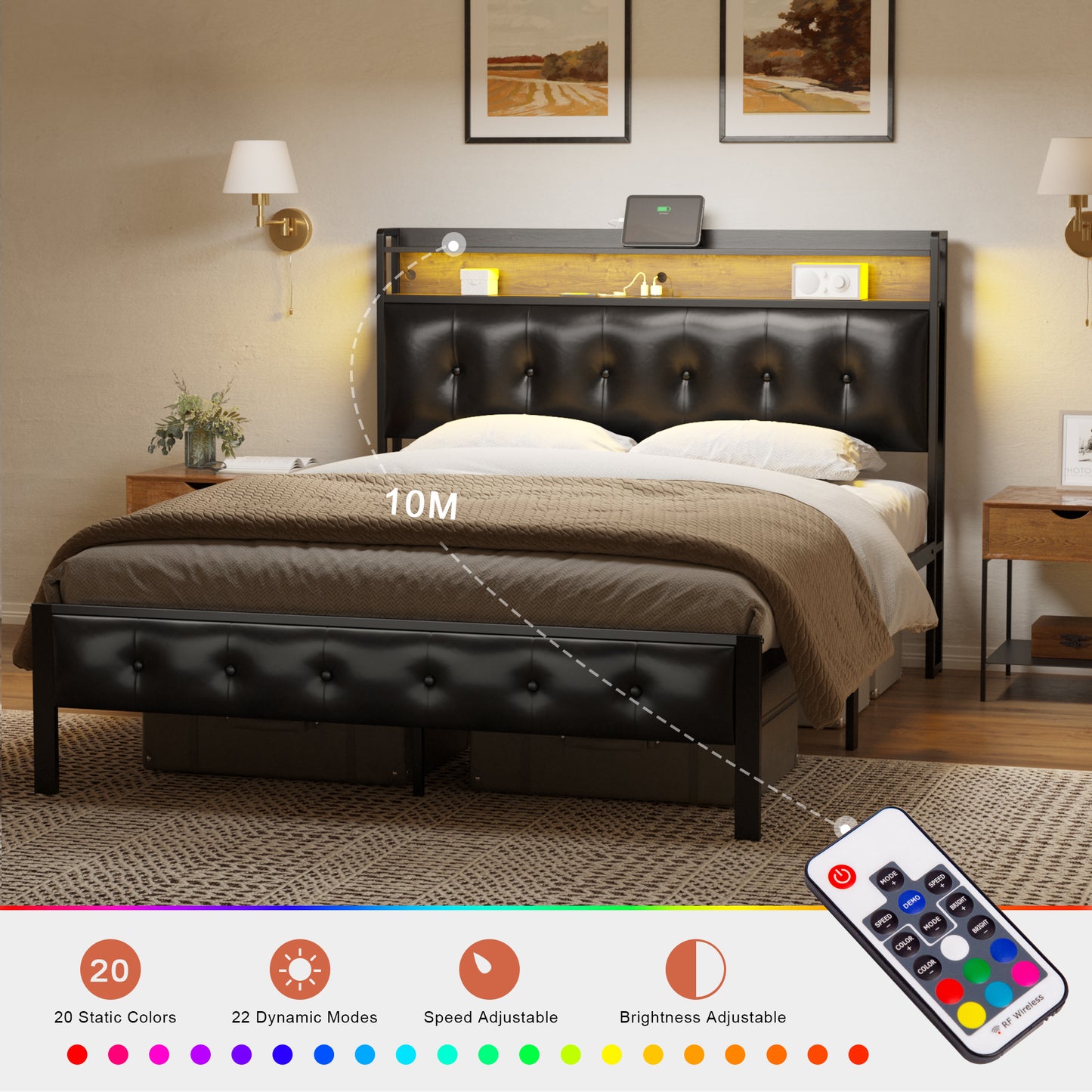 HAUSOURCE Queen Size Bed Frame with PU Leather Button Headboard Heavy-Duty Bed Frame with LED Lights Charging Station No Box Spring Needed Black