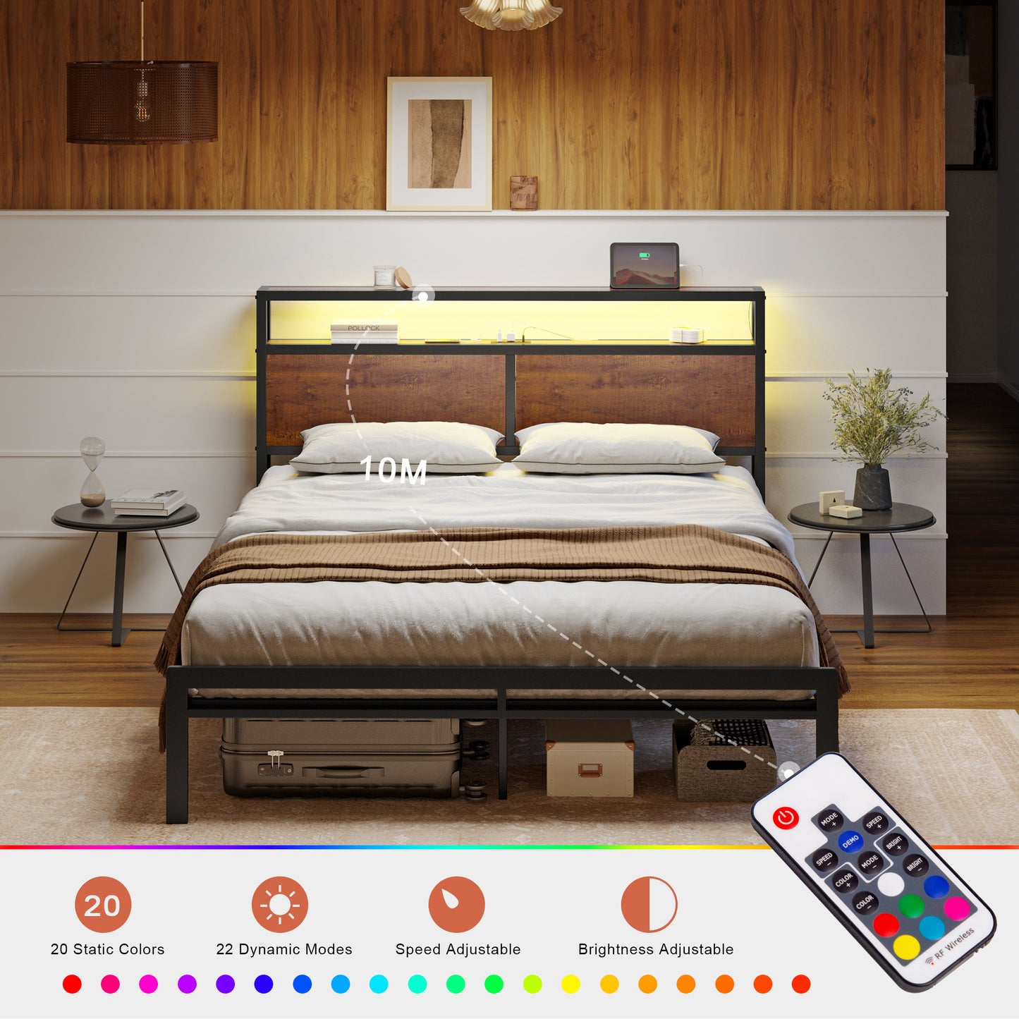 HAUSOURCE Queen Size Bed Frame with Wooden Headboard Metal Platform Bed Frame with LED Lights Charging Station Rustic Brown