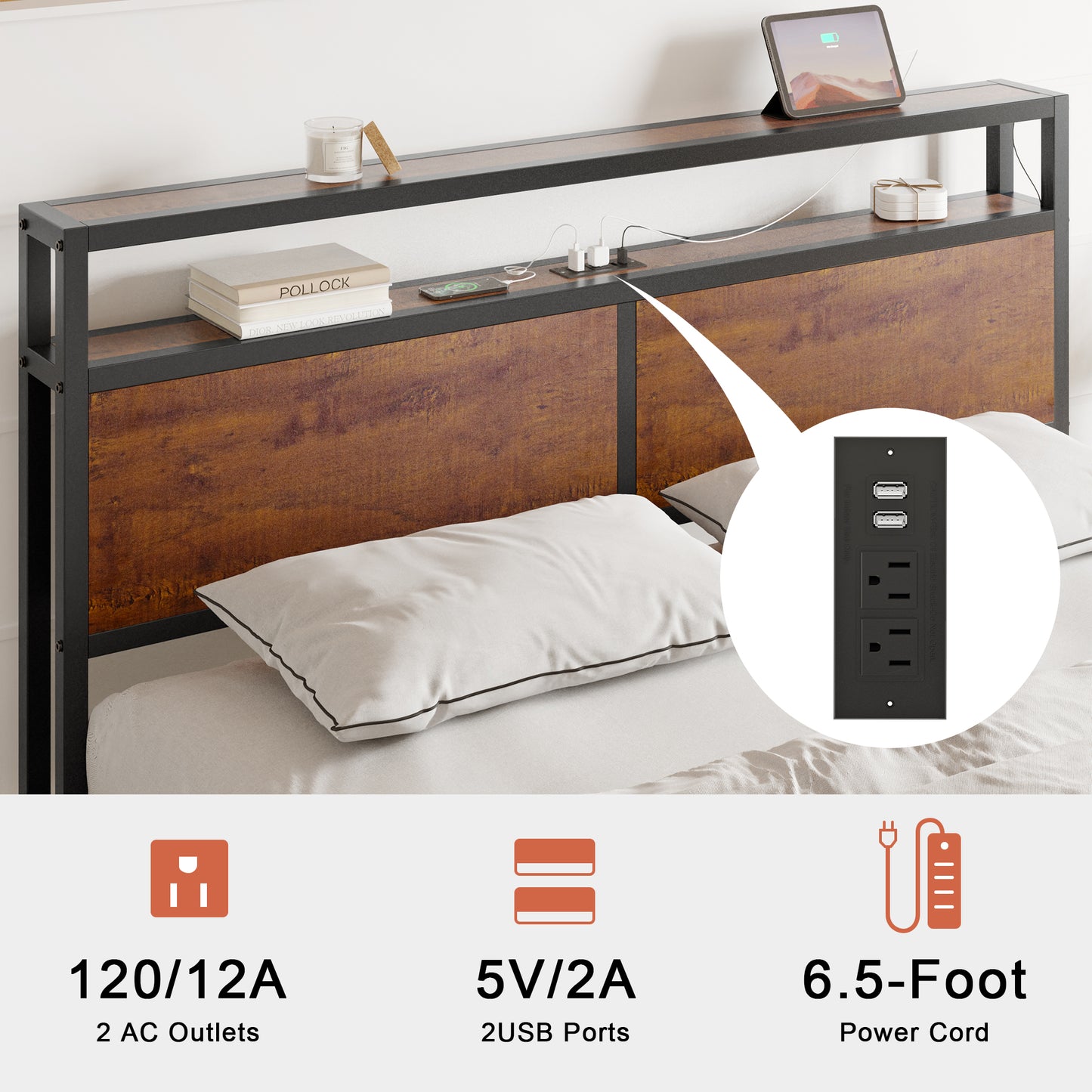 HAUSOURCE Queen Size Bed Frame with Wooden Headboard Metal Platform Bed Frame with LED Lights Charging Station Rustic Brown