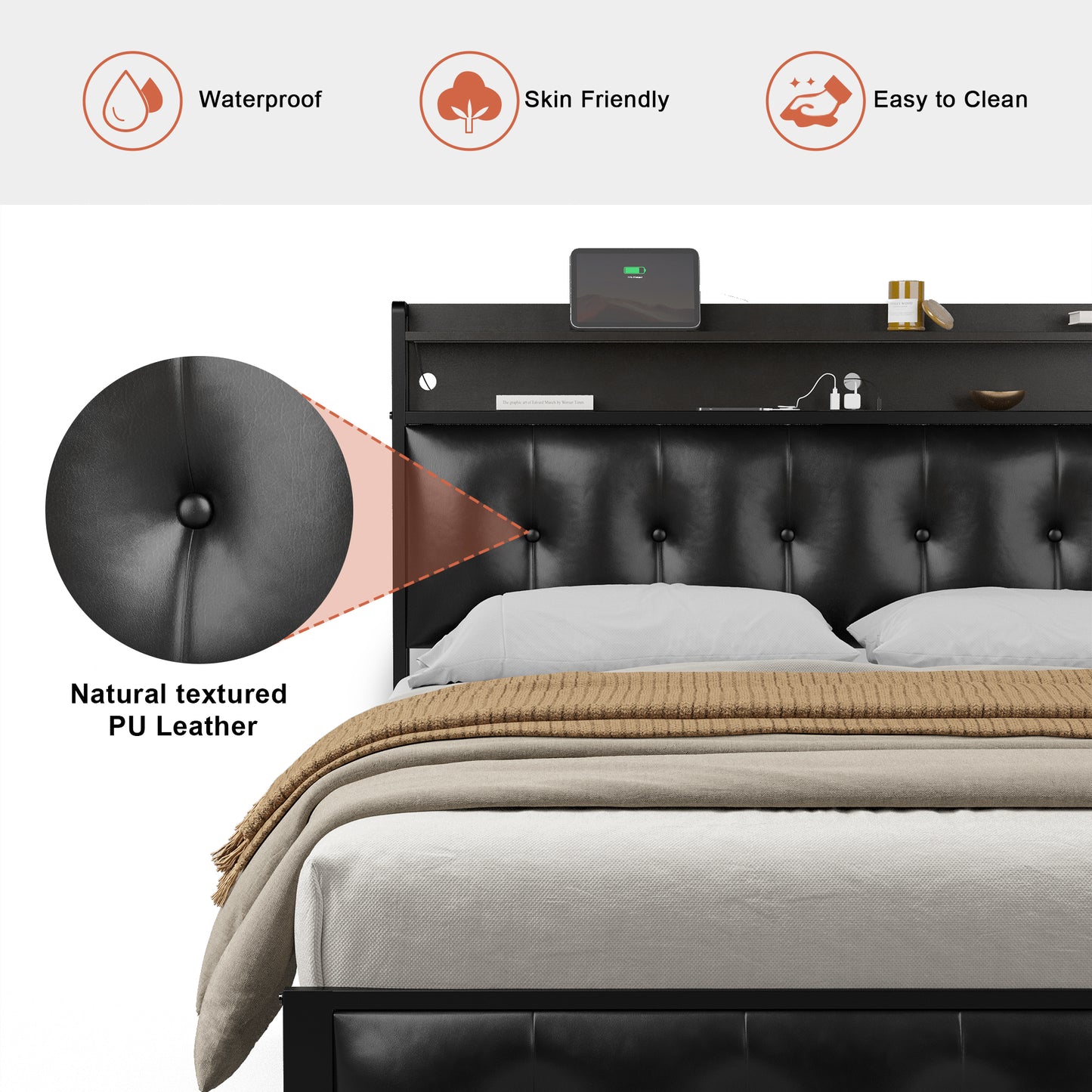 HAUSOURCE Queen Size Bed Frame with PU Leather Button Headboard Heavy-Duty Bed Frame with LED Lights Charging Station No Box Spring Needed Black