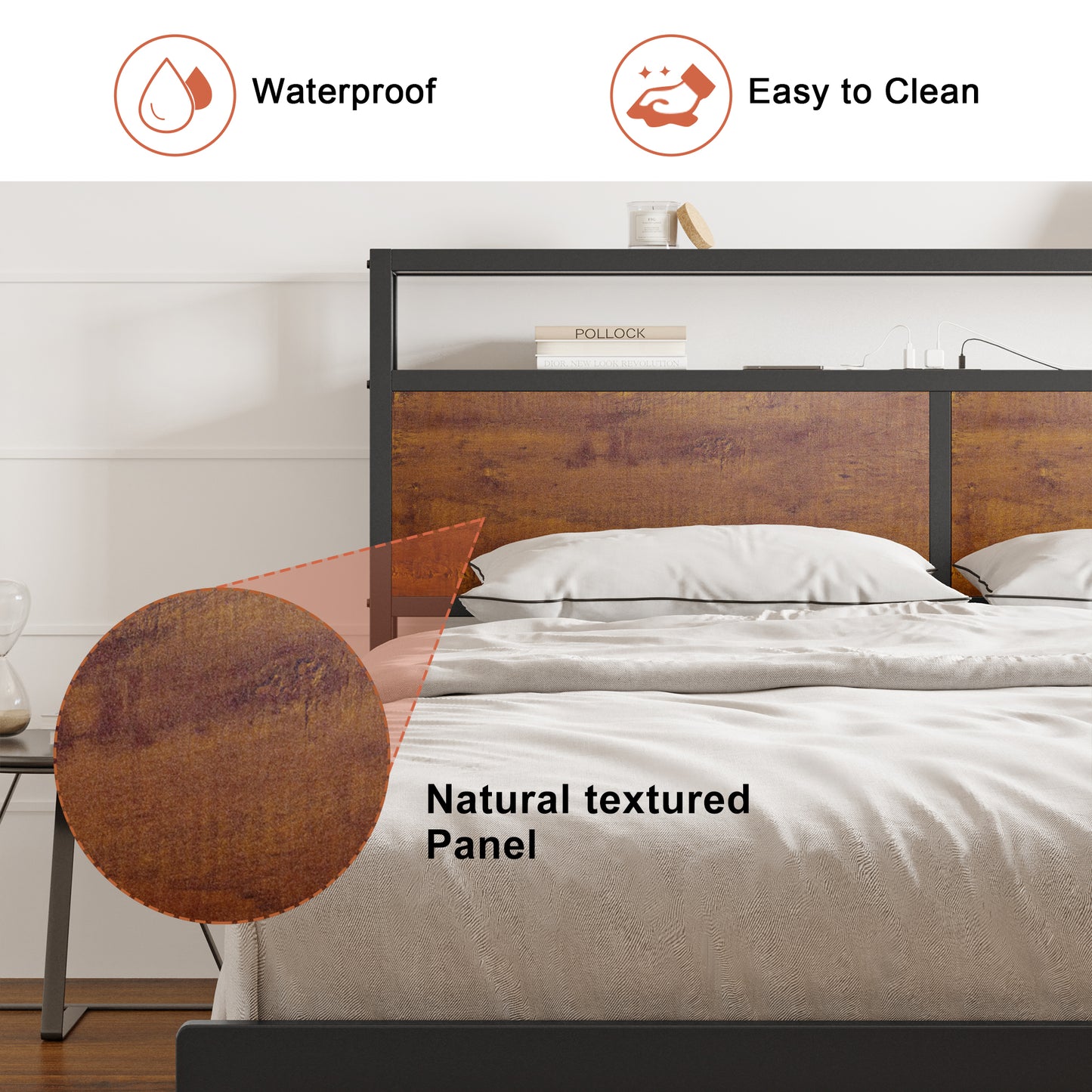 HAUSOURCE Queen Size Bed Frame with Wooden Headboard Metal Platform Bed Frame with LED Lights Charging Station Rustic Brown