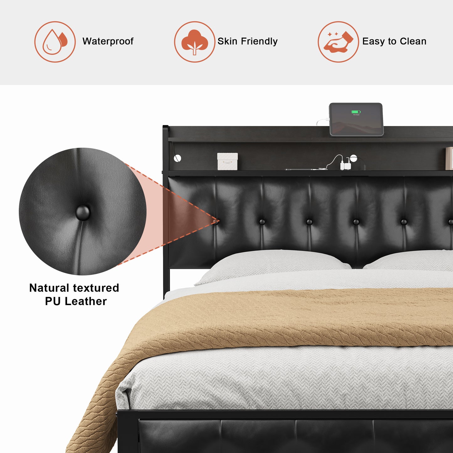 HAUSOURCE Full Size Bed Frame with PU Leather Button Headboard Heavy-Duty Bed Frame with LED Lights Charging Station No Box Spring Needed Black