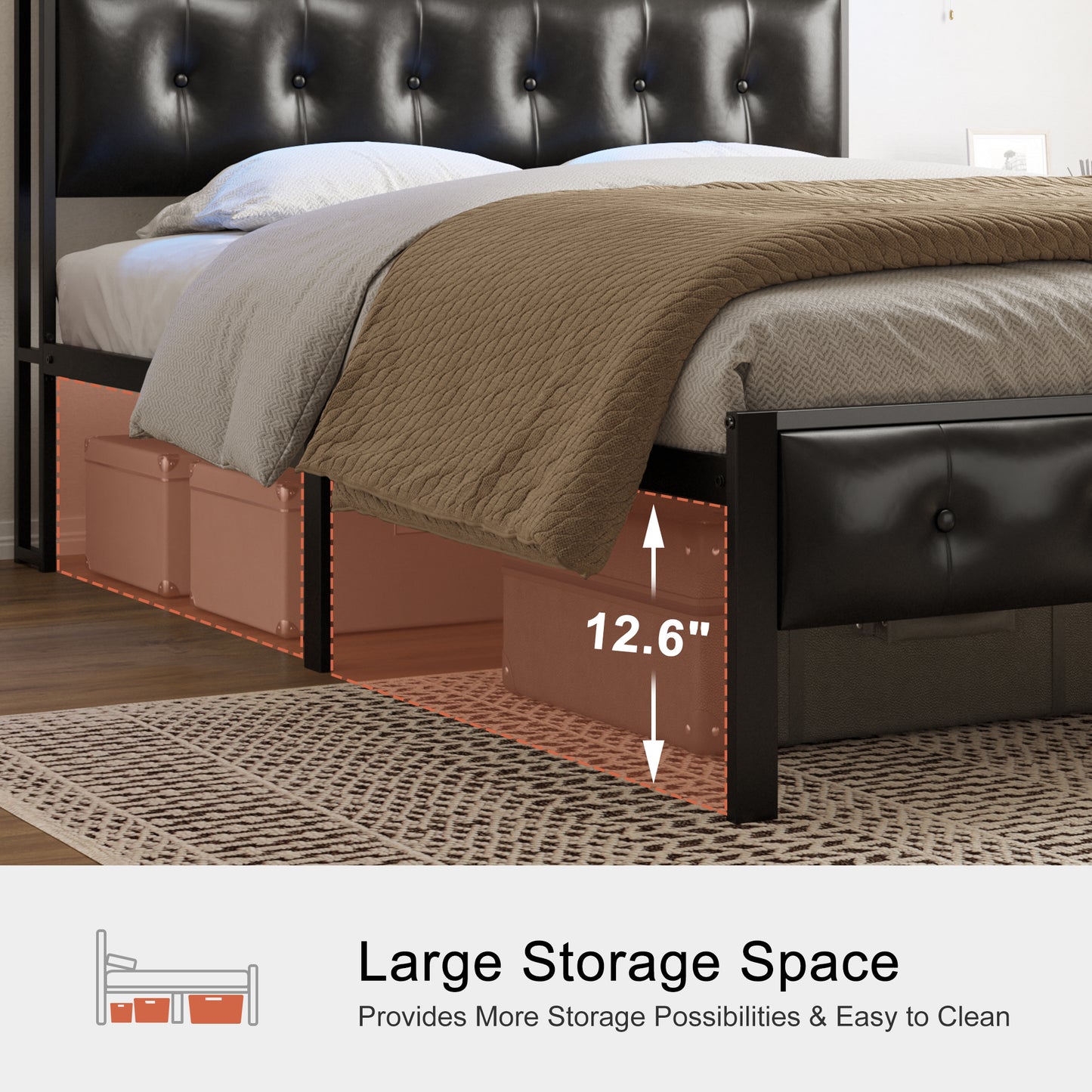 HAUSOURCE Queen Size Bed Frame with PU Leather Button Headboard Heavy-Duty Bed Frame with LED Lights Charging Station No Box Spring Needed Black