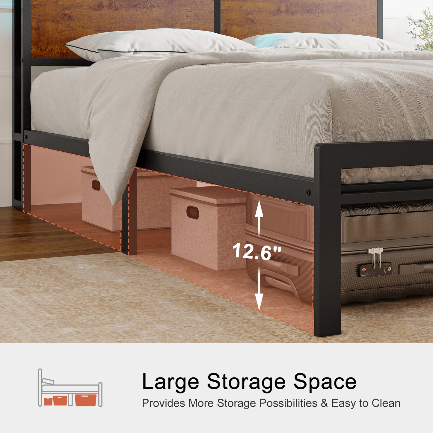 HAUSOURCE Full Size Bed Frame with Wooden Headboard Metal Platform Bed Frame with LED Lights Charging Station Rustic Brown
