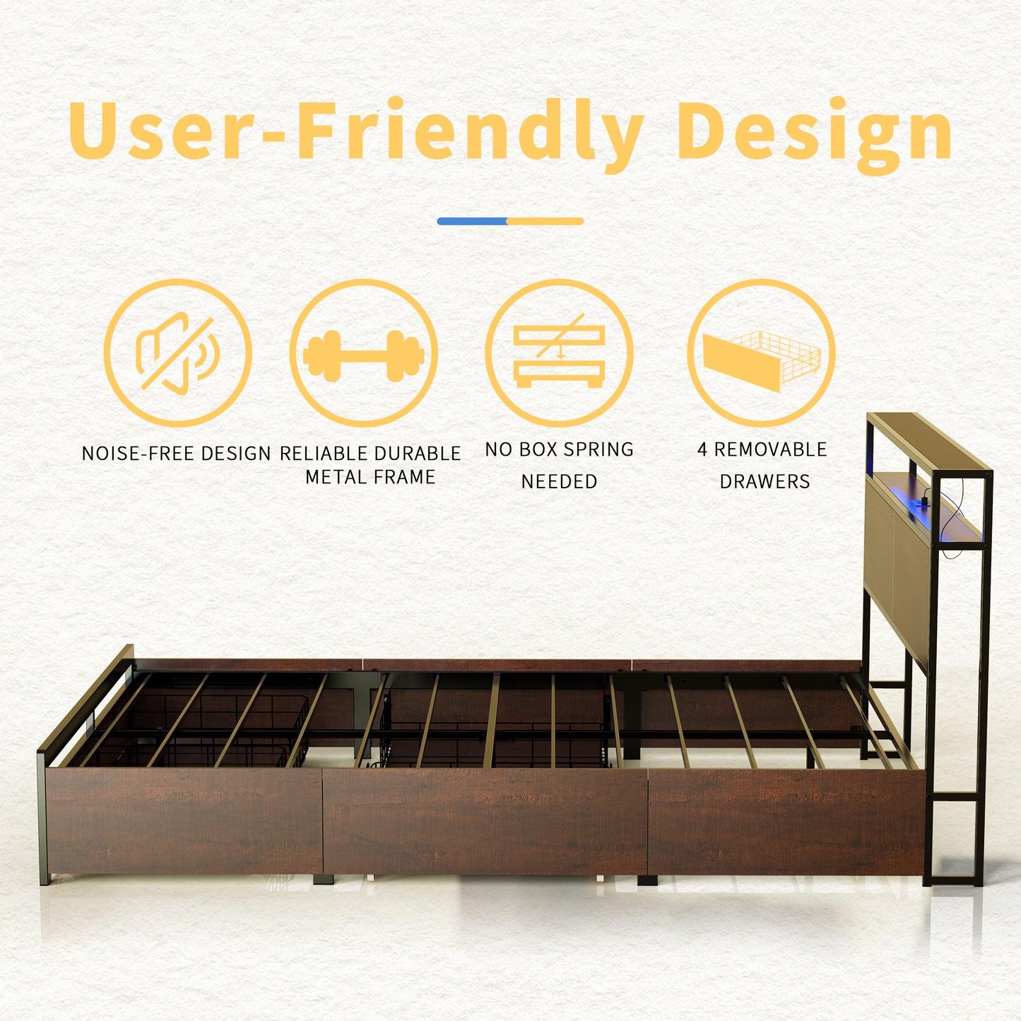 HAUSOURCE Queen Bed Frame Metal Platform Bed Frame with Storage Headboard and 4 Drawers LED Lights Non-Slip Without Noise Mattress Foundation Strong Metal Slats Support No Box Spring Needed