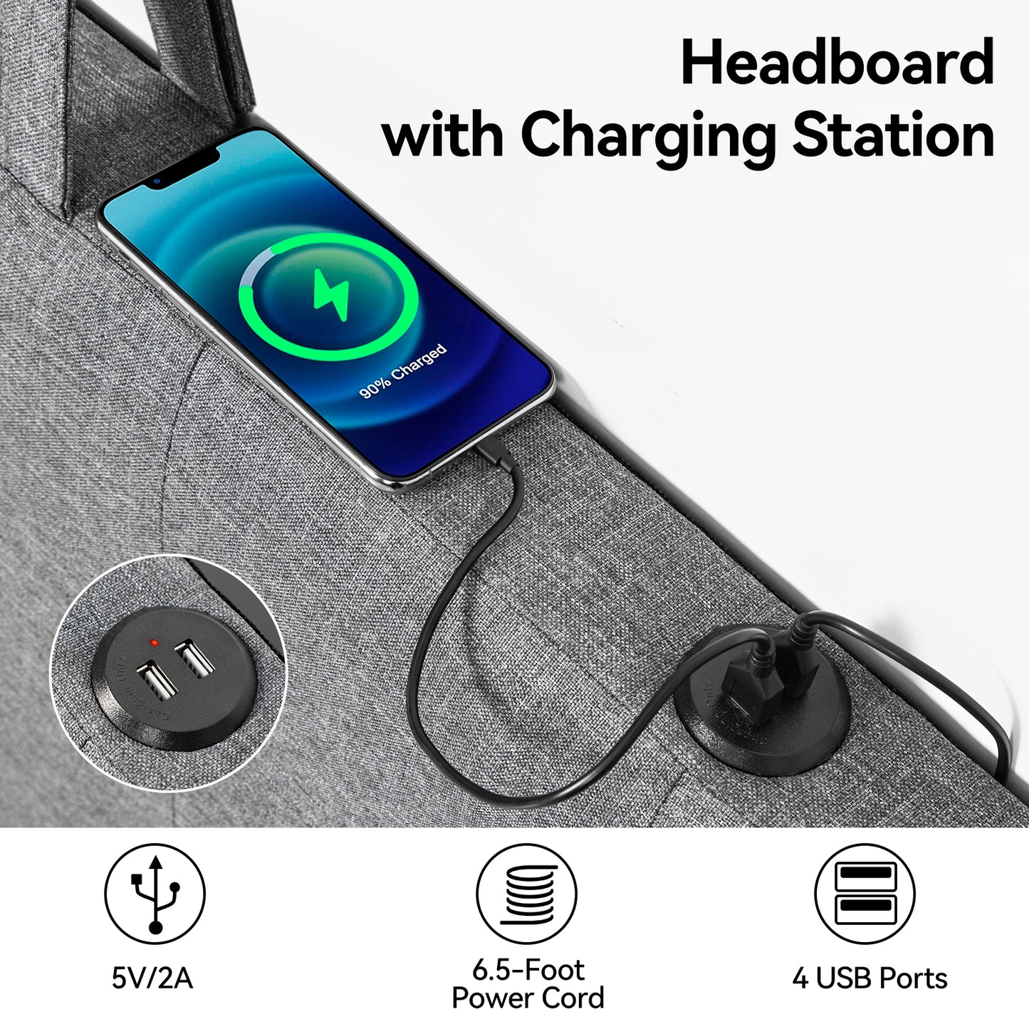 HAUSOURCE Wall Mount Headboard with USB Port for Queen Size Bed Only, Headboards with Adjustable Fabric Straps, Hanging Linen Fabric Padded Headboard for Bedroom