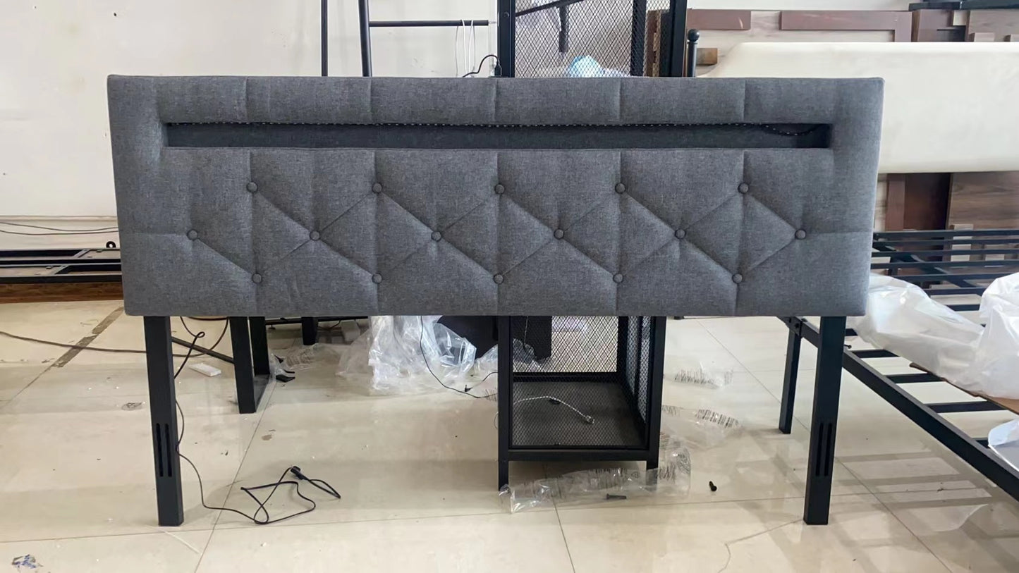 HAUSOURCE Headboards for Queen Size Bed Full Bed Frame with Storage Headboard & Footboard Upholstered Platform Bed with LED Lights USB Ports and Outlets