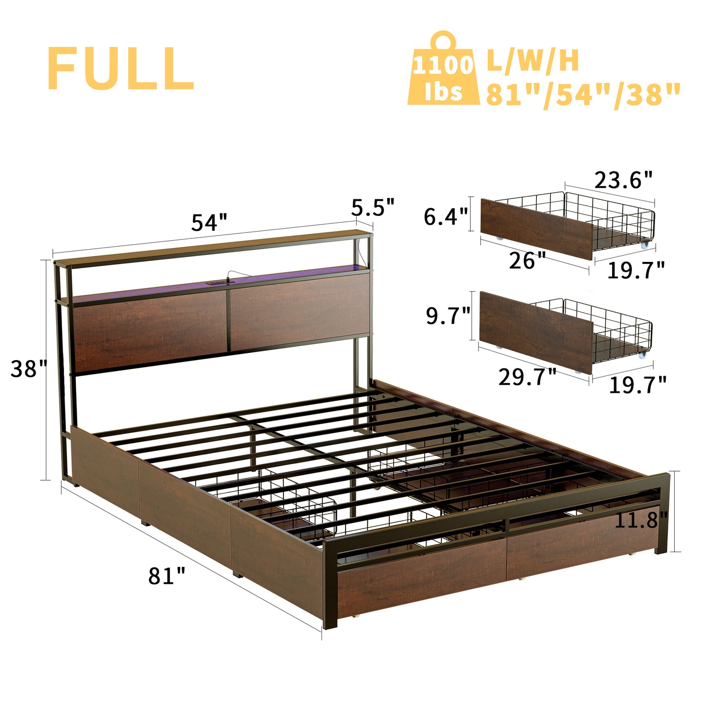 HAUSOURCE Full Size Bed Frame with Headboard and 4 Storage Drawers LED Platform Bed Frame with Charging Station Rustic Brown