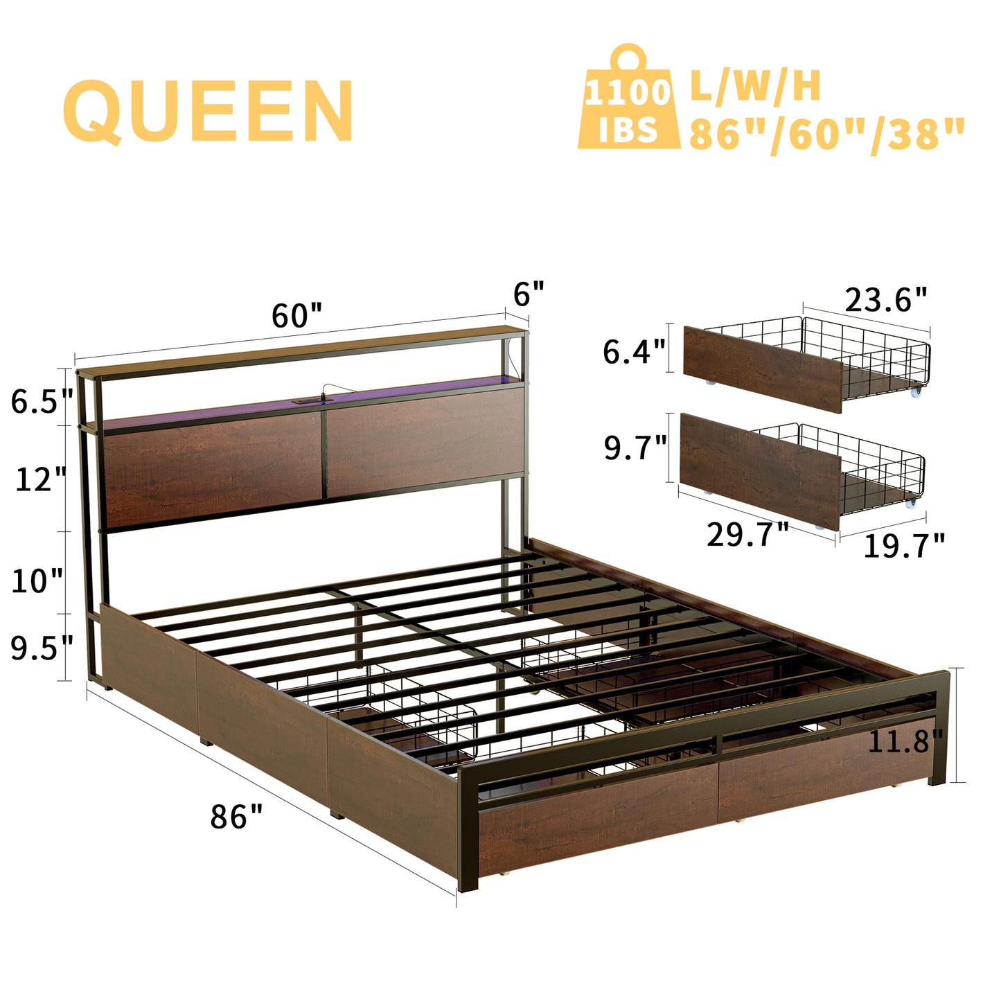 HAUSOURCE Queen Bed Frame Metal Platform Bed Frame with Storage Headboard and 4 Drawers LED Lights Non-Slip Without Noise Mattress Foundation Strong Metal Slats Support No Box Spring Needed